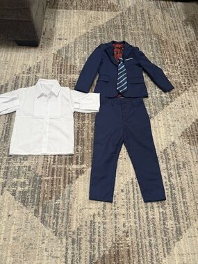 Boys Navy Suit Set with White Dress Shirt and Striped Tie